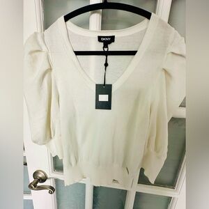 DKNY Cream V-Neck Puff Sleeve Knit Top